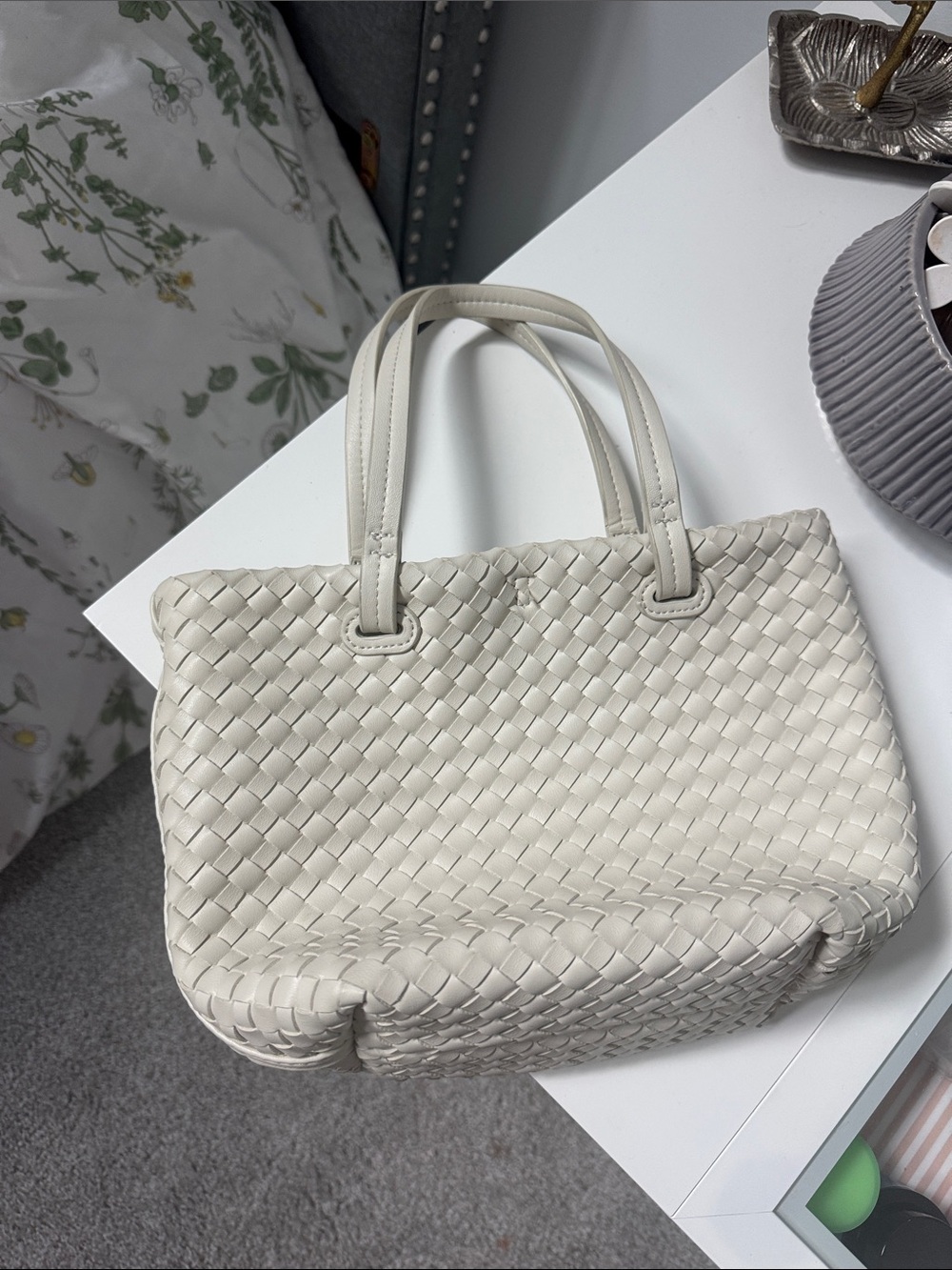 Designer Inspired Cream Tote Bag with Top Handles, internal clasp and pockets